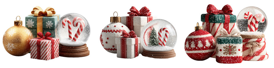 Collection of festive holiday items: Christmas ornament, wrapped gift box, candy cane, and snow globe, isolated on white ỏ transparent background
