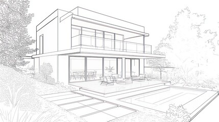 Fototapeta premium Architectural drawing of a modern house with a pool and patio.