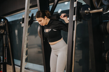 A young woman performing squats with a barbell in a modern gym setting, showcasing a dedication to...
