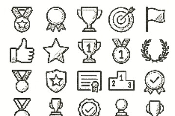 Award icons trophy medal star certificate flag target podium