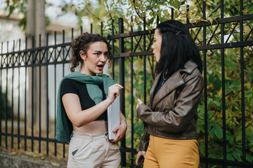 Two young women passionately converse while standing outside near a decorative black fence,...