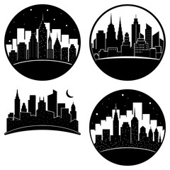 Obraz premium Four black and white skyline illustrations with buildings and night sky in circular and curved shapes