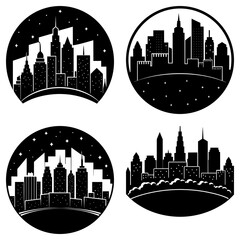 Fototapeta premium Four circular skyline illustrations in black and white showing cityscapes at night with stars above