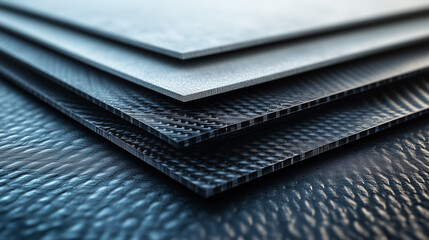 Close-up 3D view of three layers (carbon fiber, down, plastic film) in ad style, C4D/OC rendered.