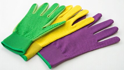 A colorful arrangement of gardening gloves isolated on white background are ready for yard work
