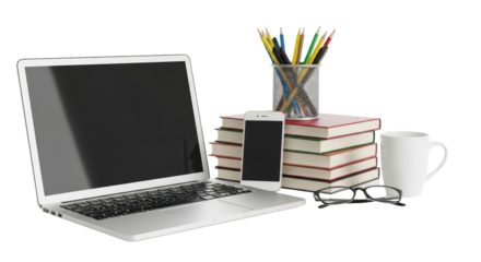 Isolated Workspace with Laptop, Phone, and Books