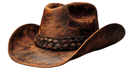 Country-style cowboy hat crafted with natural grain leather and thick plaited detail around the top on transparent background