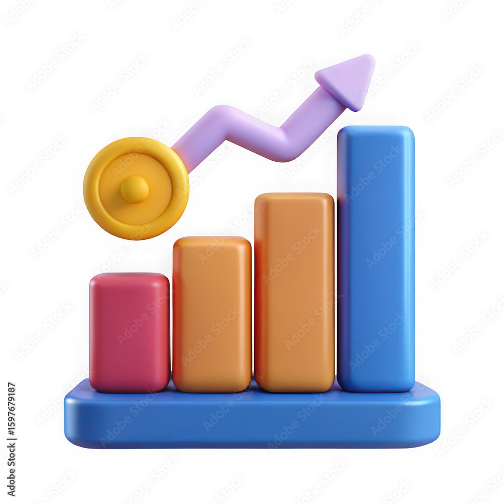 Poster 3d bar graph with rising arrow and coin isolated on transparent background