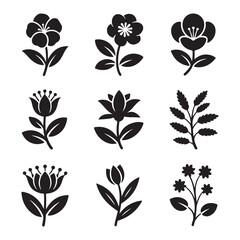 A monochrome illustration of nine different floral designs in a square formation on white background
