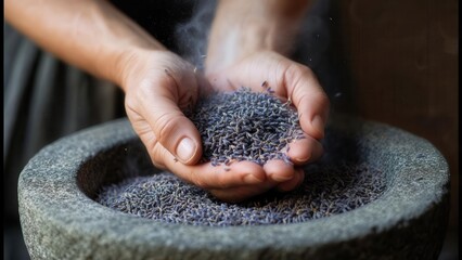 Hands holding dried lavender flowers over a stone mortar filled with more lavender, ready for crushing or processing, on a dark blurred background. Concept of traditional herbal preparation