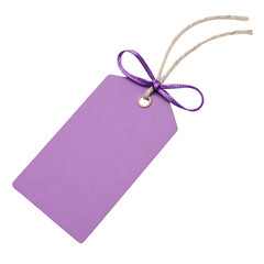 A single blank purple gift tag with a white string and a purple ribbon bow isolated on transparent background