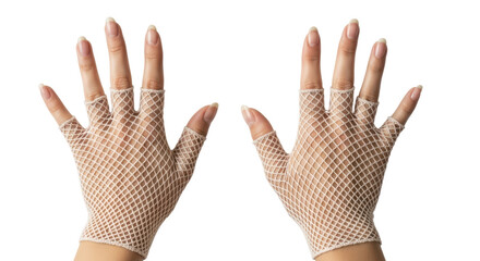 Isolated pair of fingerless fishnet gloves