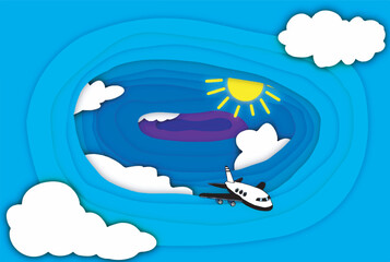 paper art wallpaper depicts a paper-cut sky scene with sun, clouds and an airplane flying