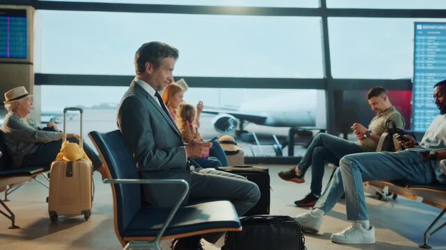 People waiting at an airport terminal, with a plane visible outside the window.