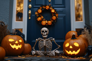 Obraz premium Skeleton and carved pumpkins on dark blue porch Halloween