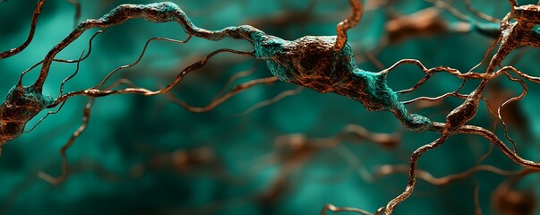 Rust and emerald abstract neural stream with branching tendrils medical tech backdrop