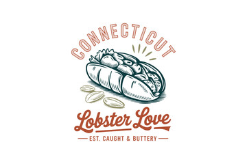 Connecticut lobster roll flat vector muted tones vintage USA STATE food clipart