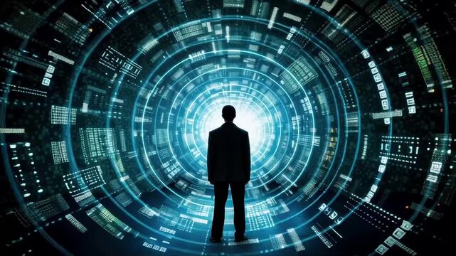person on futuristic tunnel of digital data.