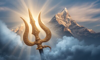Golden trishul symbol against mountain range