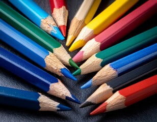 Collection of vibrant colored graphite Pencils on Dark Surface