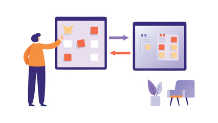 Person interacting with a board of sticky notes and a digital display in a modern office space