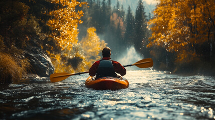 Kayaker paddles through a tranquil river surrounded by autumn foliage in the early morning light