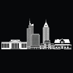Fototapeta premium Vector skyline illustration of a city with buildings and skyscrapers in black and white