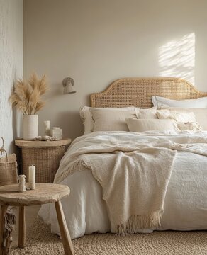 Bench placed near a beige bed with a wicker headboard. Boho interior design for a modern bedroom in a country house, Generative AI