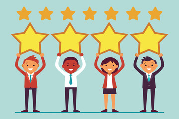 Employee Satisfaction Concept. Vector cartoon illustration in flat style of five diverse business people holding big golden stars against the background of the rating plate. achievement, assessment, 