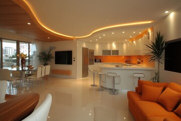 Modern interior design for a kitchen, dining table, and sofa, emphasizing a harmonious blend of functionality and style, Generative AI