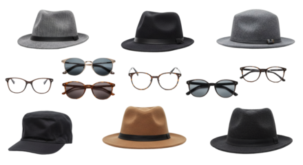 Variety of headwear and eyewear displayed against a black background.