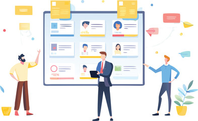 Three people standing in front of a board with profiles and sticky notes displayed on the board