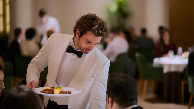 Waiter in white tuxedo serves dessert at upscale restaurant dining room, delivering elegant cuisine with professional hospitality service and fine dining ambiance