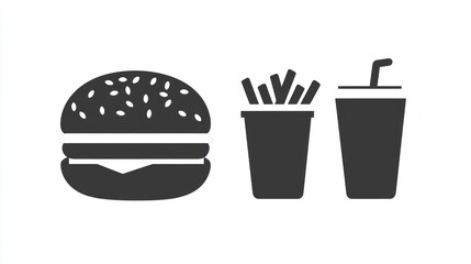 Fast food icons of a burger, french fries, and a drink.
