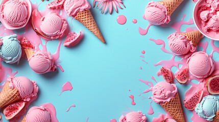Colorful ice cream cones surrounded by pink and blue splashes on a vibrant background