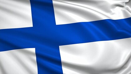 Naklejka premium Finnish flag with blue Nordic cross on white background, flying against clear daylight sky.