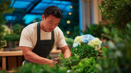 A florist pruning a plant in a well-lit shop