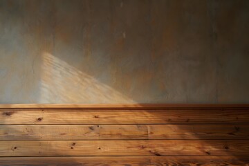 Warm Rustic Wooden Paneling with Textured Beige Wall, Sunlit, Calm Atmosphere.