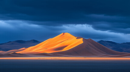 Dramatic golden sunlight illuminates rugged mountain peak against a dark stormy sky