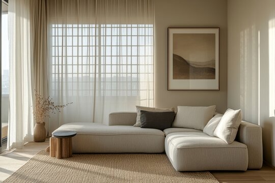 Corner sofa placed near a grid window against a beige wall with a large art poster frame. Minimalist Japandi home interior design for a modern living room, Generative AI - Powered by Adobe