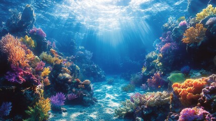 Fototapeta premium Underwater world with colorful corals and fish in sunlight. Idea