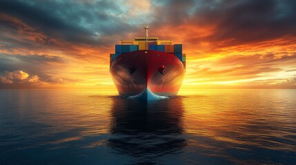 Large container ship on the water during sunset. Useful for arti