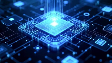 Futuristic microchip with glowing connections on a digital circuit board, symbolizing technology advancement - Powered by Adobe
