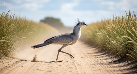 Crested seriema walks along a dusty path in the south american savanna