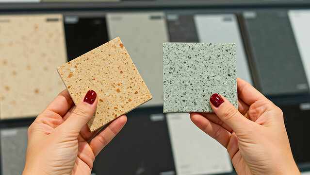Close-up of a woman's hands with red nails comparing two stone countertop samples for a kitchen or bathroom renovation project.
