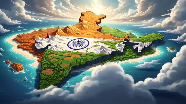 Creative India map illustration with mountains and river for India flag celebration on independence day india