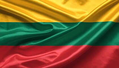 Obraz premium Lithuanian flag with horizontal yellow, green, and red stripes, waving in daylight against clear sky.