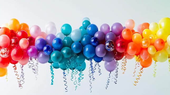 Vibrant colorful balloons floating with swirling ribbons in a celebratory atmosphere