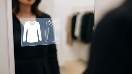 Woman trying on virtual clothes in smart mirror, showcasing innovative retail technology and personalized shopping experience in modern fashion store