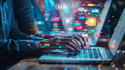 Businessman messaging team with using laptop computer. Collaboration platform. Employee communication and knowledge sharing on discussion forums in internal social network